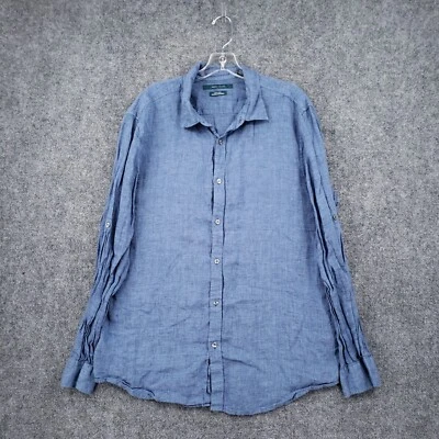 Perry Ellis Button Up Shirt Men L Large Blue Linen Roll Tab Long Sleeve Collared - Image 1 of 4