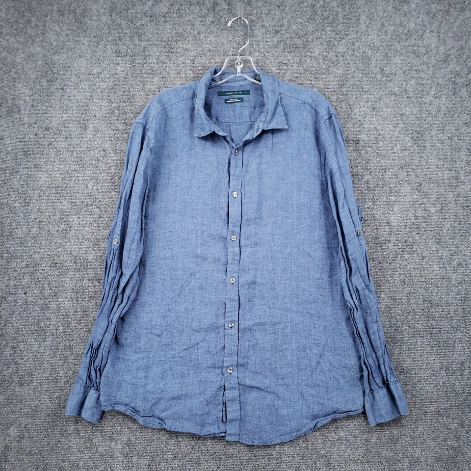 Perry Ellis Button Up Shirt Men L Large Blue Linen Roll Tab Long Sleeve Collared - Image 1 of 4
