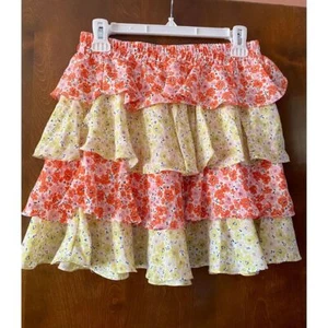 Bloomingdale's Tiered Ruffle Mini Skirt Floral Print Elastic Waist Red M - Picture 1 of 5