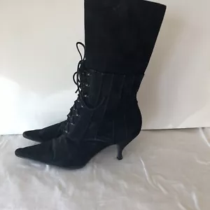 Vintage Michel Perry Black Lace-up Suede Boots Kitten Heel 37 Cottage Core - Picture 1 of 12