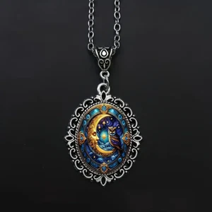 Owl Moon Bird Gothic Silver Jewelry Vintage look Oval Pendant Necklace - Picture 1 of 5