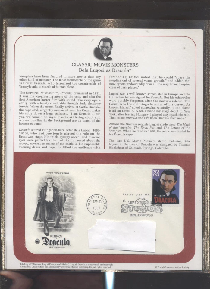 DRACULA - BELA LUGOSI  First Day Of Issue SEPT 30 1997 UNIVERSAL STUDIOS  - Image 1 of 1