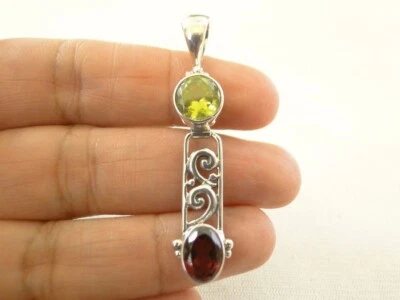 Red Garnet Green Peridot Two Stone 925 Sterling Silver Pendant - Image 1 of 4
