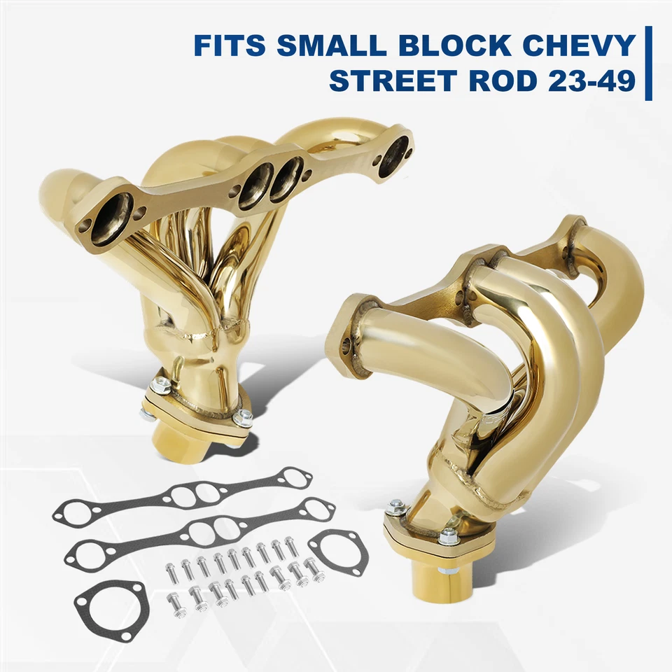 CABEZAL DE ESCAPE ACERO INOXIDABLE 304 ORO PARA 1923-1949 STREET ROD SBC BLOQUE PEQUEÑO Foto 1 de 4