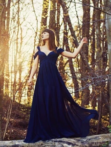 Abendkleid Maxikleid langes Kleid Gr.36 38 dunkelblau mit Schlitz Chiffon - Bild 1 von 15