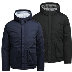 Mens New Puffer Jacket Hooded Padded Jack & Jones Regular Fit Black Navy - Picture 1 of 19