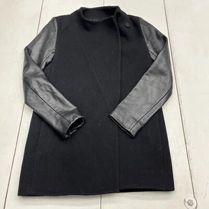 Theory Black Wool Button-Up Lamb Leather Sleeves Jacket Women's Size P/PT - Picture 1 of 6