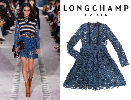 ABITO DA PASSERELLA LONGCHAMP Abito Ricamato MACRAMÈ Trasparente Lacciato BLU 36 PICCOLO