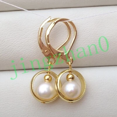 AAAA+ Circle 7-8mm Real White Round Akoya Pearl Lever back Earrings 14k Gold P - Image 1 of 4