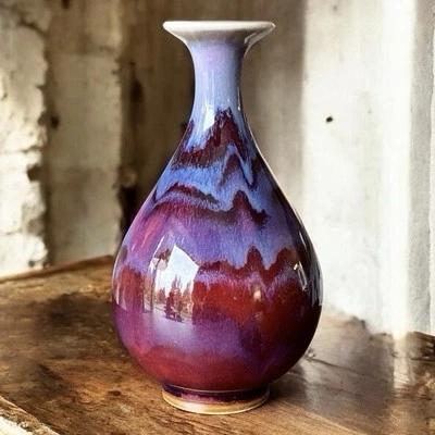 Chinese Sang De Bouef Oxblood Vase Red Blue Purple Flambe VINTAGE 6.25” - Image 1 of 4