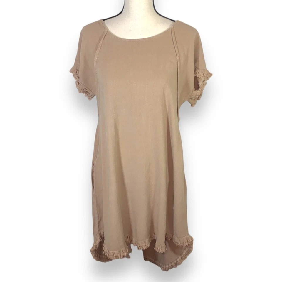 Umgee USA Tan Ll You Need Is Linen Short Sleeve Frayed Hem Dress Size Small - Image 1 of 4