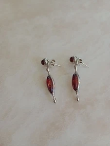 Sterling Silver Amber Drop Dangle Stud Earrings - Picture 1 of 3