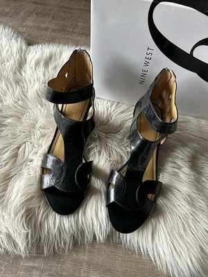 Nine West Ramp Up Wedge Sandals Shoes Women’s 8.5 M  Black Leather Zip NEW + Box - Image 1 of 4