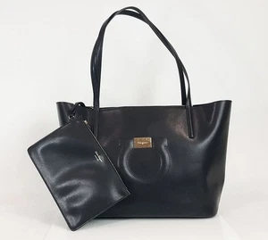 Salvatore Ferragamo Black Calfskin Leather Medium Gancini Tote Bag Handbag - Picture 1 of 8