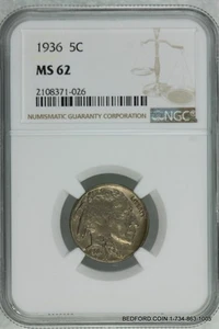 NCG MS62 1936 BUFFALO NICKEL 5c   (BC26) - Picture 1 of 2