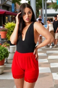 Women’s Plunge Black Bodysuit with Red Lace Shorts 2 Piece Sexy Night Out Party - Picture 1 of 8