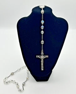 Vintage AP Sterling Clear Cut Rock Crystal Bead Prayer Large Rosary Crucifix 24" - Picture 1 of 21