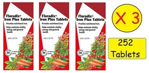 3 X Floradix Iron Plus 252 Tablets Vitamins B2 B3 B6 B12 Folic Acid German Made - Picture 1 of 6
