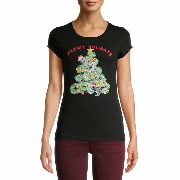 Wound up Meowy Holidays Black Short Sleeve Tee Shirt Sz M (7-9)