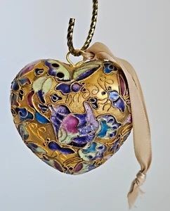 Cloisonné Puffy Herzform hängende Ornament Schmetterlinge blau lila Blumen 3" - Bild 1 von 7