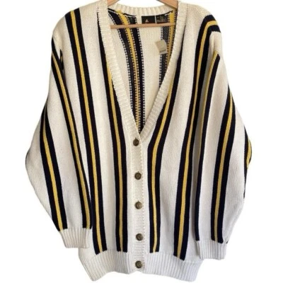 Cárdigan largo vintage Lizsport nuevo con etiquetas algodón crema blanco rayas negro y amarillo Foto 1 de 4