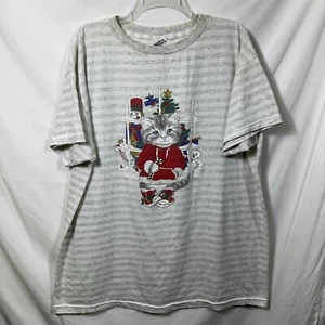Vtg CMS Casuals Christmas Kitten in Hoodie Graphic T-Shirt Cat Grandmacore Xmas - Picture 1 of 12