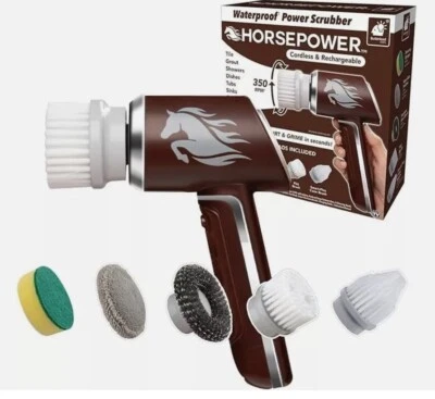 RUBY HORSEPOWER Horsepower Scrubber, Waterproof, Electric Power, Spins 350 RPM, 5 Brush Heads.