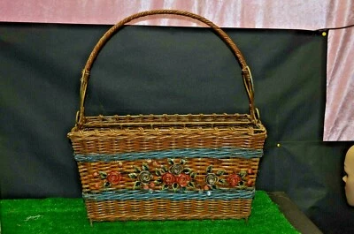 ANCIEN PANIER PORTE REVUE EN OSIER ET MÉTAL DORE ART DECO FLEUR CHEMINÉE BOIS - Photo 1/4