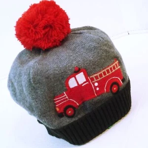 NWT 2016 Gymboree Knit Beanie Cap Unisex Boy 12-24mos Firetruck PomPom Cotton - Picture 1 of 13