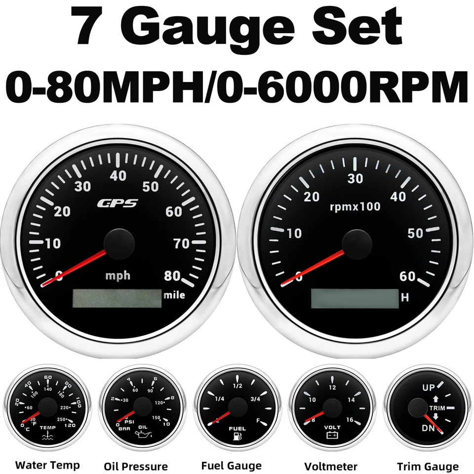 7 Gauge Set 85mm GPS Speedometer 80MPH Tachometer 6000RPM Gauge for Boat Truck - Image 1 of 4