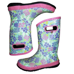 Bogs Youth Boots Kids Size 6 Pull On Green Floral Rain Snow - Picture 1 of 11