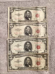 United States Notes $5’s 1953C/1963 ($20 Face Val) Circ Cond - Picture 1 of 4