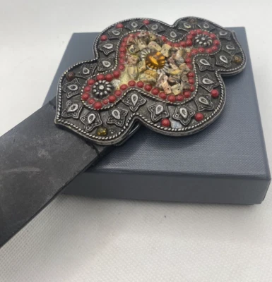 Cinturón de cuero negro Perry Ellis con hebilla de piedra roja y marrón talla pequeña Foto 1 de 4