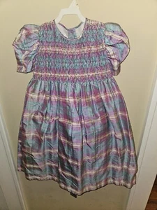 Strasburg Purple & Blue Plaid Short Sleeve Girls Dress Size 5 Shirred Silk - Picture 1 of 3