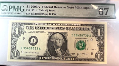 2003A $5 Federal Reserve Note Fr-1991-I Minneapolis PMG67 Superb Gem EPQ - Image 1 of 2