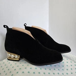 Botines Jeffrey Campbell Jermane de gamuza negra bloque de perlas talla 8 corte en V sin cordones - Imagen 1 de 16