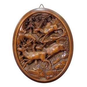 Great Wooden Carved Plaque with Stag Family, Brienz 1900s - Picture 1 of 6