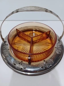 serving tray with handle, Glass Dish With 3 Separated Compartments.Silver Holder - Picture 1 of 14