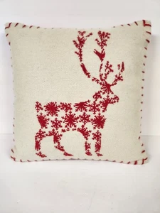 Pier 1 One Red Embroidered Holiday Christmas Reindeer Throw Pillow 11" Square - Picture 1 of 10