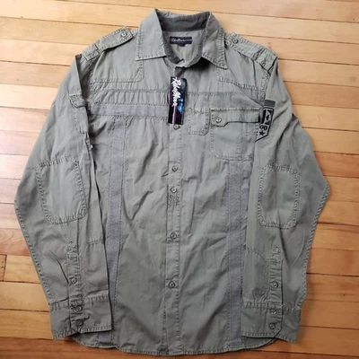 NWT Military Style Brigade Shirt Mens L Olive Green Button Up Long Sleeve Patch - Image 1 of 4