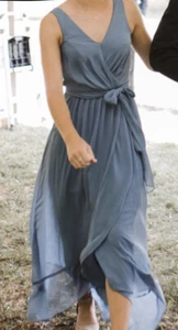 Davids Bridal Bridesmaid Dress Steel Blue F19748 2 Tie Prom V Neck Belt A-line - Picture 1 of 7