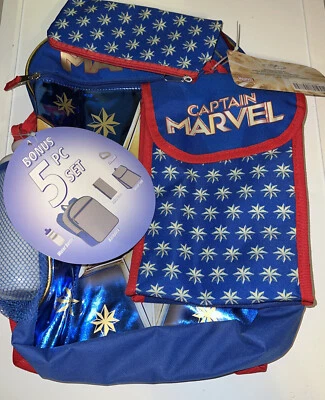  Mochila escolar Capitã Marvel menina conjunto com 5 peças lanche sacola garrafa estojo utilitário - Imagem 1 de 3