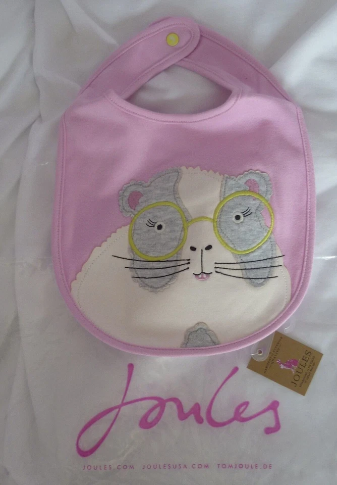 Brandneu mit Etikett Joules YumYum Applikation Baby Mädchen Lätzchen - himmelblaues Pferd/Bonbon rosa Hamster