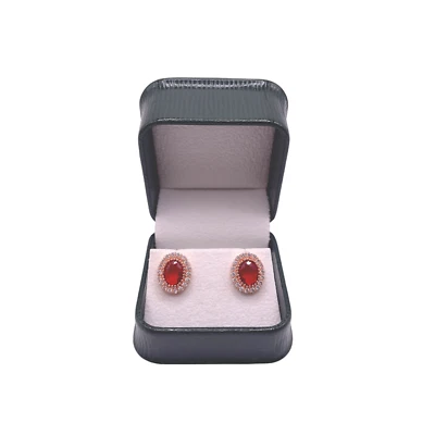 Rose Gold Finish  Oval Cut Red Ruby and Created Diamond Stud Earrings - Image 1 of 4