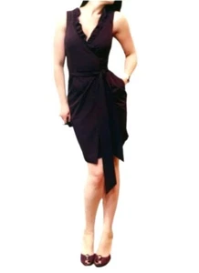 DVF Diane Von Furstenberg Wrap Dress Hampton Black Ruffle V Neck Pockets Size 4 - Picture 1 of 7