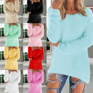 Sweater Round Neck Women's Long Sleeve Pullover Casual Winter Top Knitted Fleece - Picture 1 of 28
