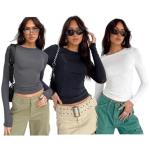 Women Workout Long Sleeve Basic T-Shirt Round Neck Slim Fit Solid Color Crop Top - Picture 1 of 15