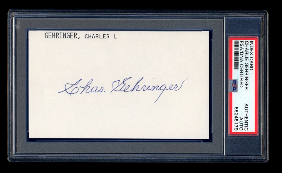 CHARLIE GEHRINGER SIGNED MINT INDEX CARD PSA/DNA AUTOGRAPHED HOF TIGERS 1937 MVP - Image 1 of 1