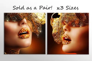 MASCARILLA DORADA DE FANTASÍA Y LABIOS DE CRISTAL LIENZO ARTE DE PARED IMAGEN GRANDE IMPRESIÓN IMPRESIONANTE - Imagen 1 de 2