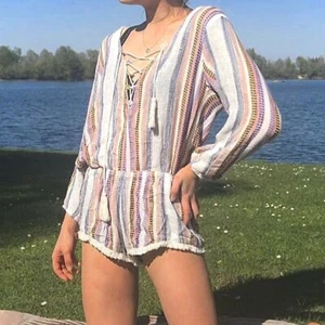 Surf Gypsy Striped Lace Up Front Boho Beachy Tassel Romper Women's Medium NWT - Picture 1 of 9